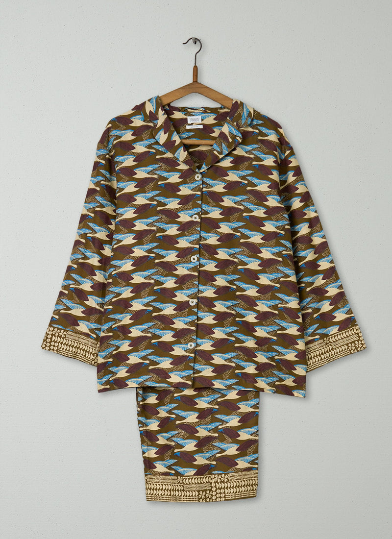 Reworn Bird Print Pajamas Size XS (250) | Olive