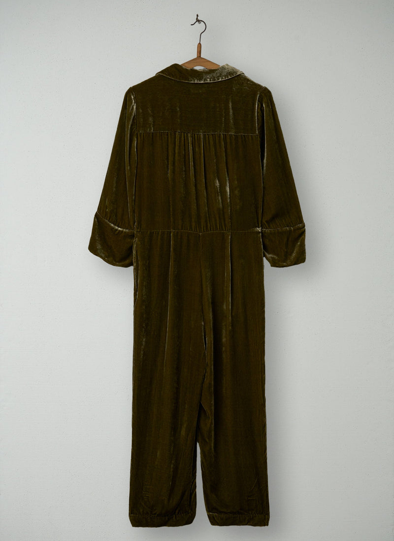 Reworn Silk Velvet Jumpsuit Size 18 (1694) | Rich Olive