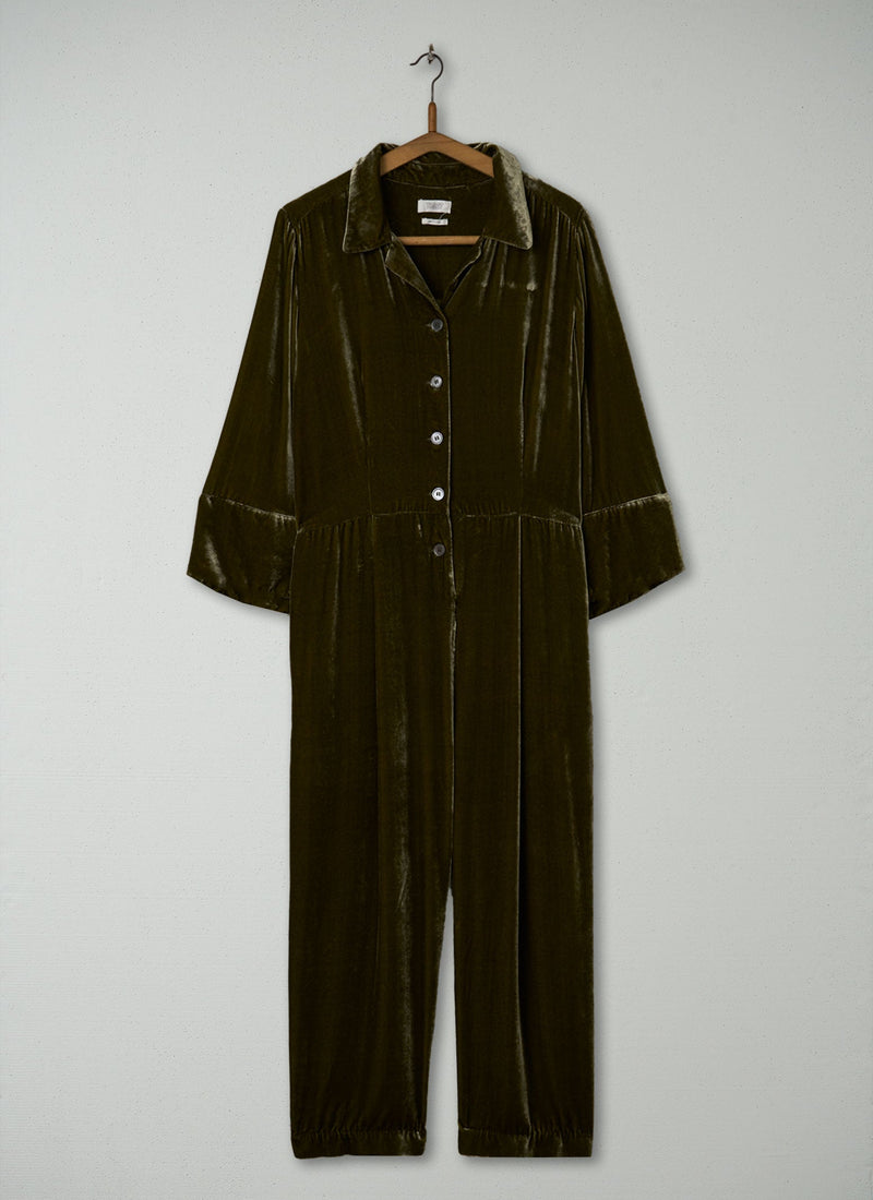 Reworn Silk Velvet Jumpsuit Size 18 (952) | Rich Olive