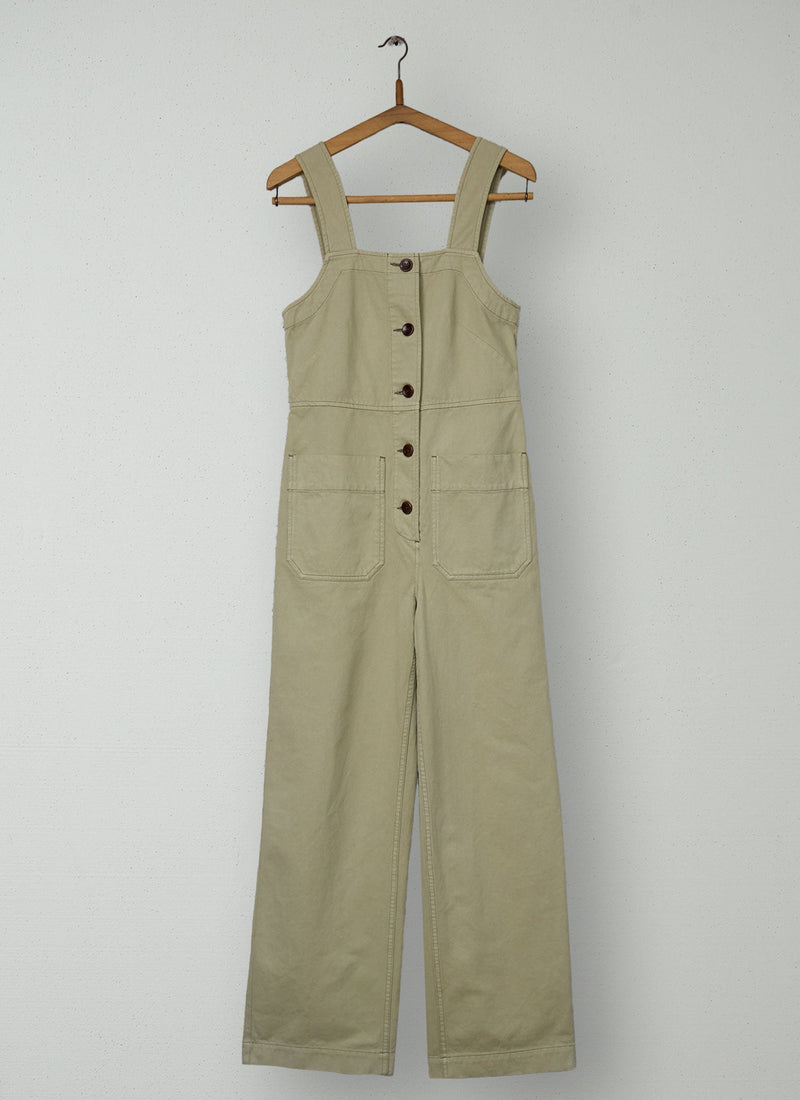Reworn Herringbone Cotton Dungarees Size 12 (1612) | Stone