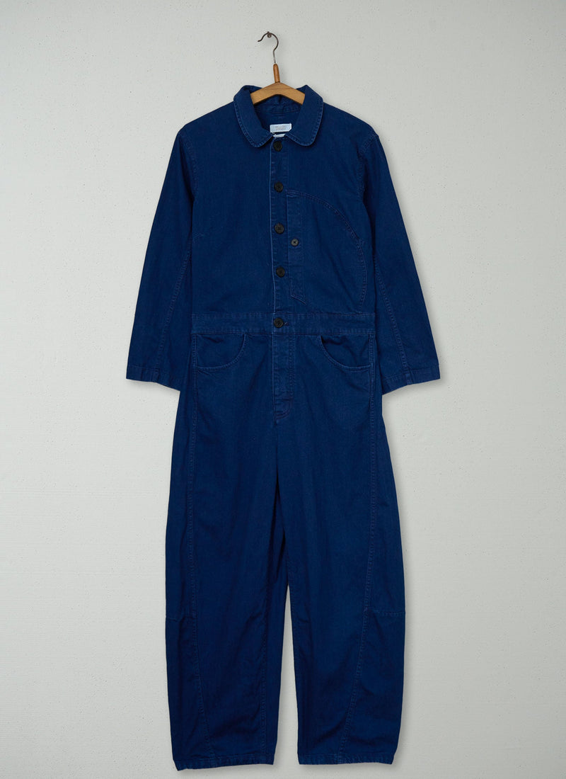 Reworn Half Placket Cotton Twill Jumpsuit Size 10 (1498) | Indigo