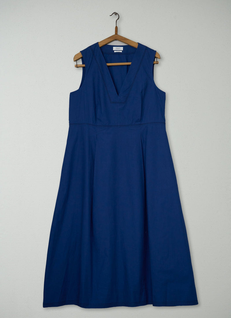 Reworn Pleated Waist Cotton Dress Size 14 (2175) | Iris Blue