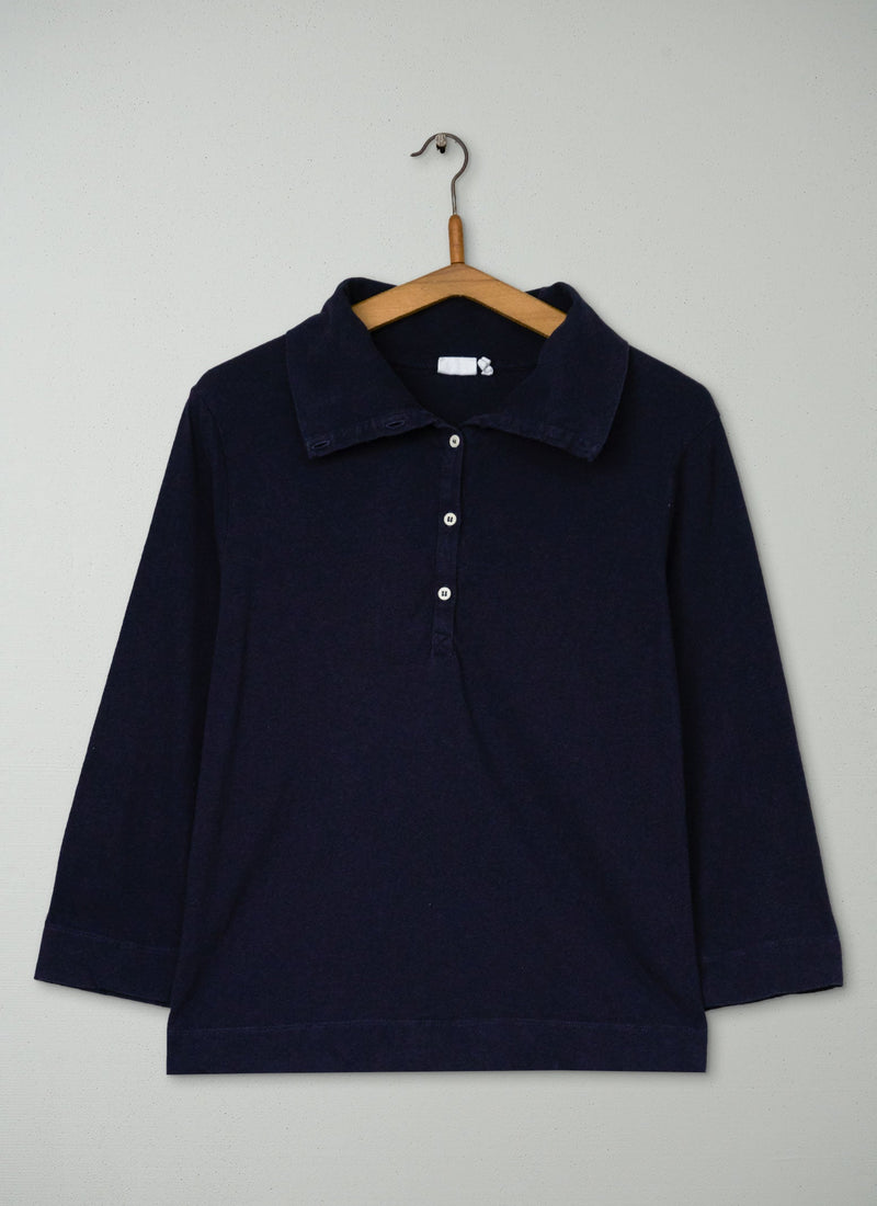 Reworn Collared Cotton Linen Tee Size XL (178) | Navy