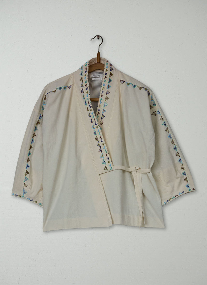 Reworn Hand Beaded Wrap Jacket Size XXSXS (264) | Chalk