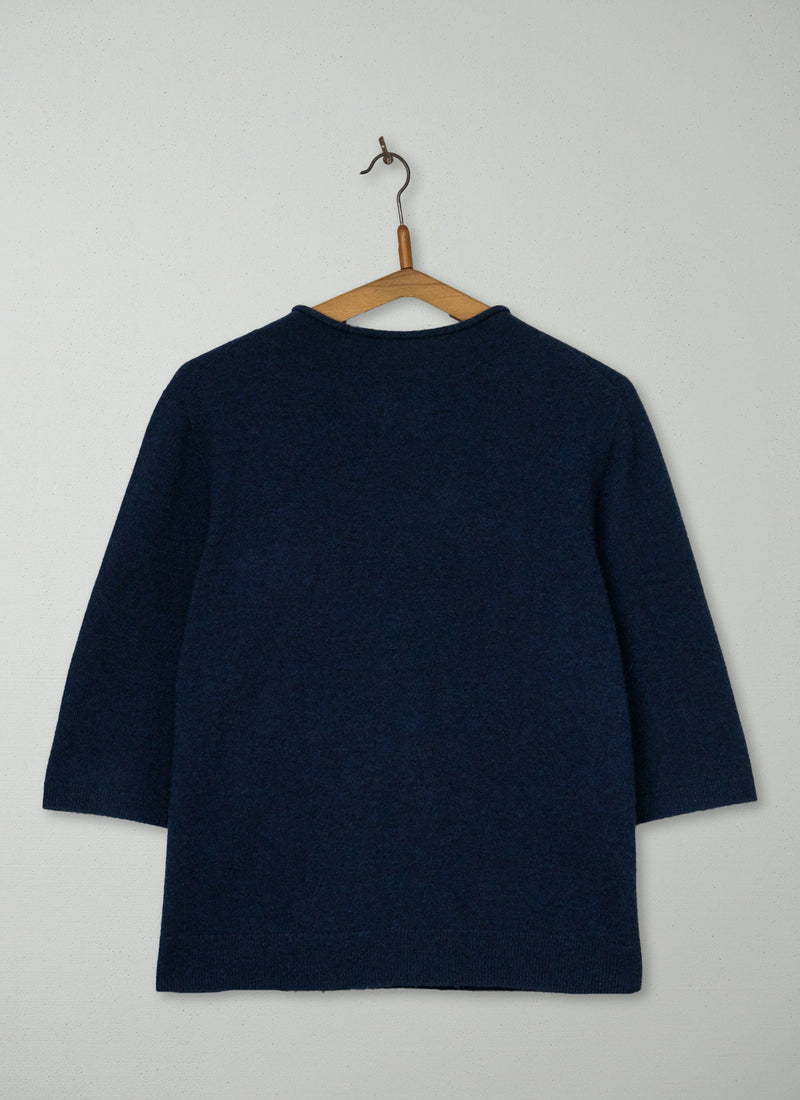 Reworn Wool Cashmere Half Sleeve Sweater Size L (656) | Navy
