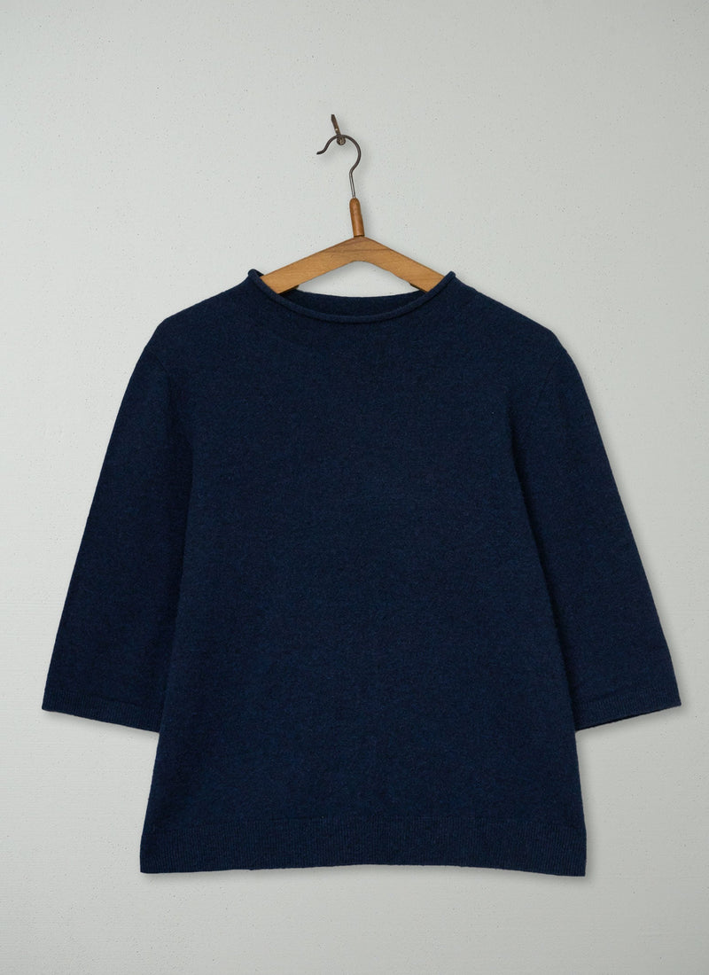 Reworn Wool Cashmere Half Sleeve Sweater Size L (656) | Navy