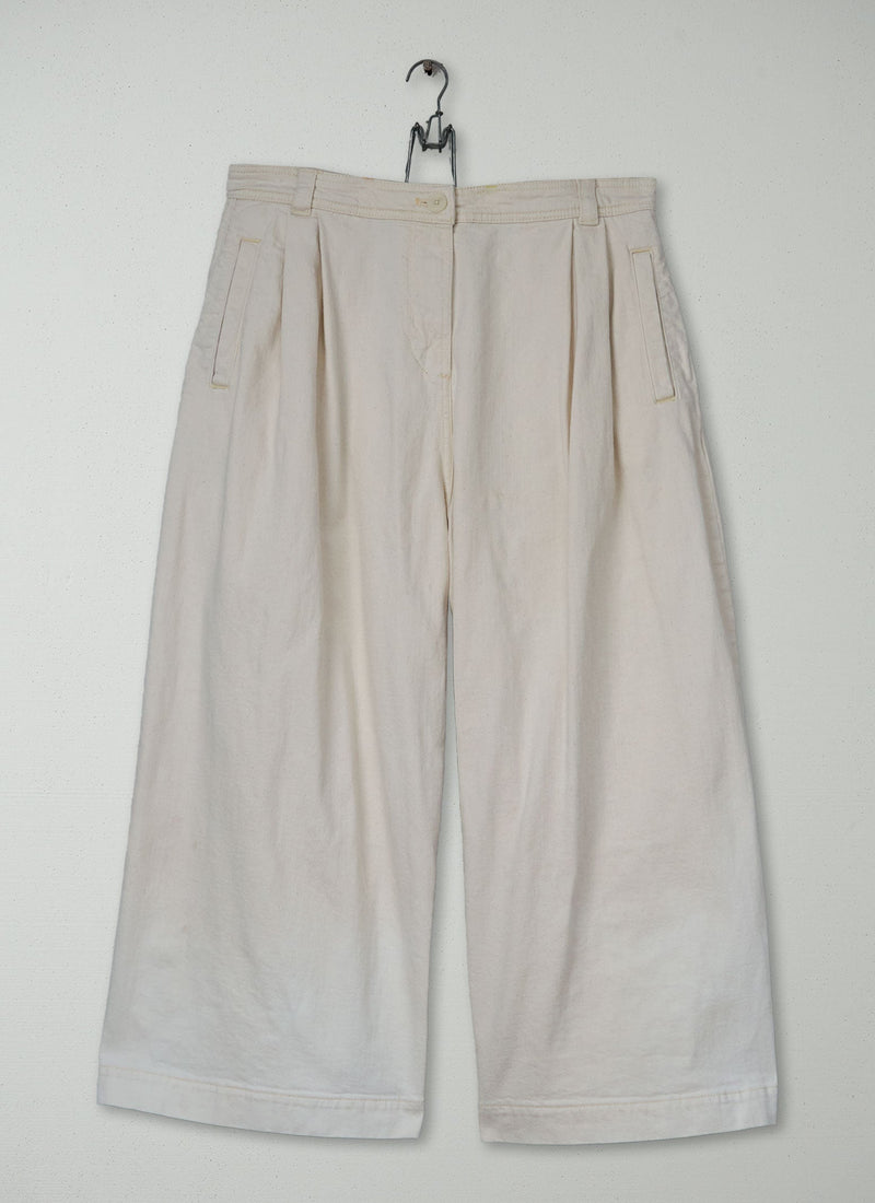 Reworn Ecru Denim Pleat Front Trousers Size 12 (1605) | Ecru