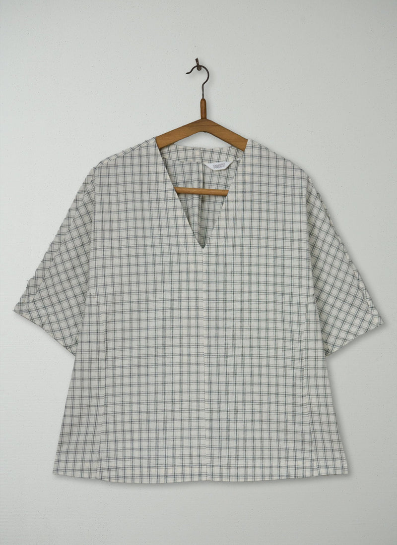 Reworn Cotton Check V Neck Top Size L (1127) | Multi