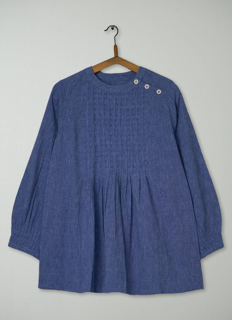 Reworn Pintuck Cotton Linen Top Size M (1198) | Chambray Blue