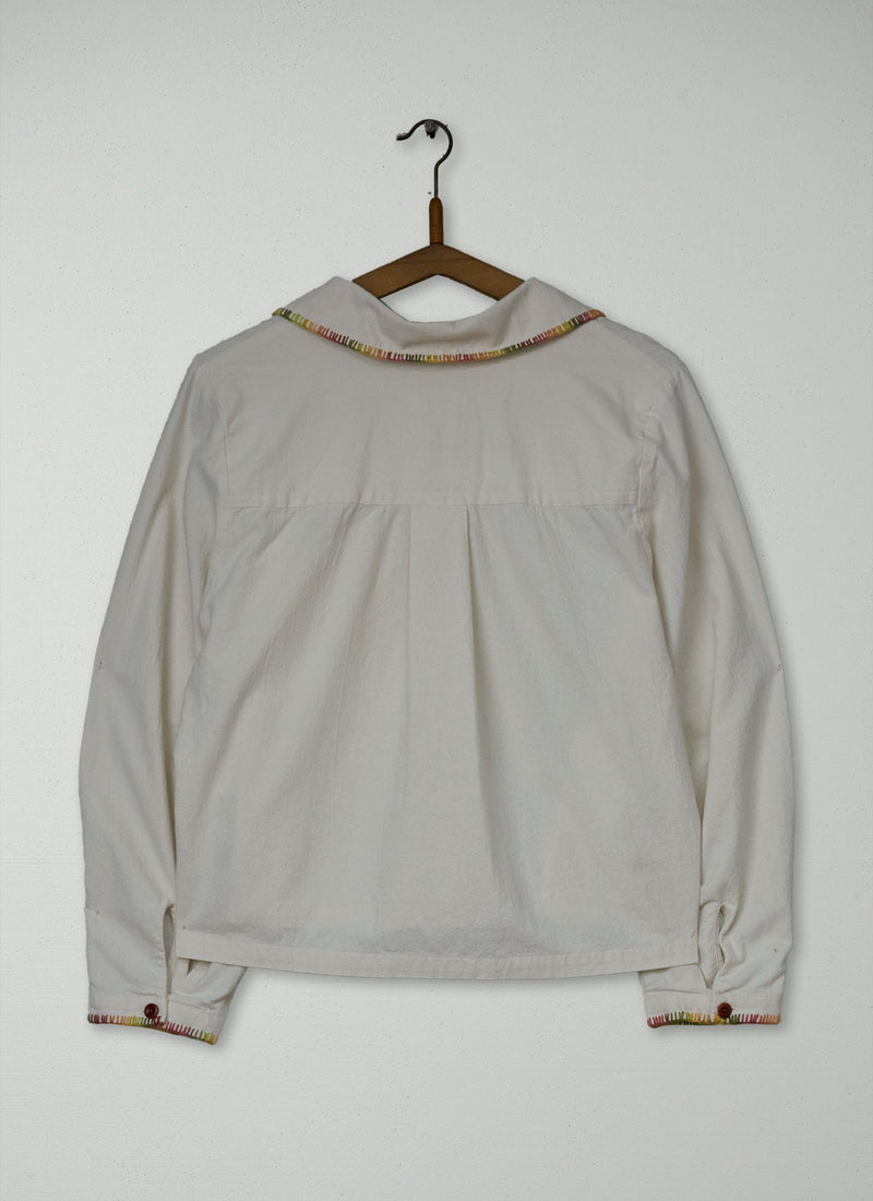 Reworn Mixed Embroidery Textured Cotton Shirt Size 10 (972) | Ecru/Multi