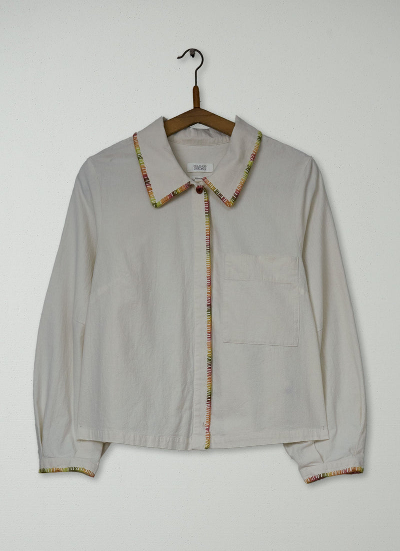Reworn Mixed Embroidery Textured Cotton Shirt Size 10 (972) | Ecru/Multi