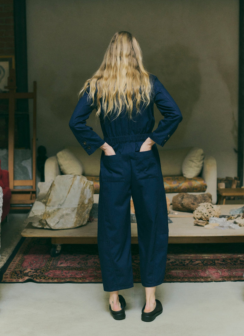 Half Placket Cotton Twill Jumpsuit | Indigo