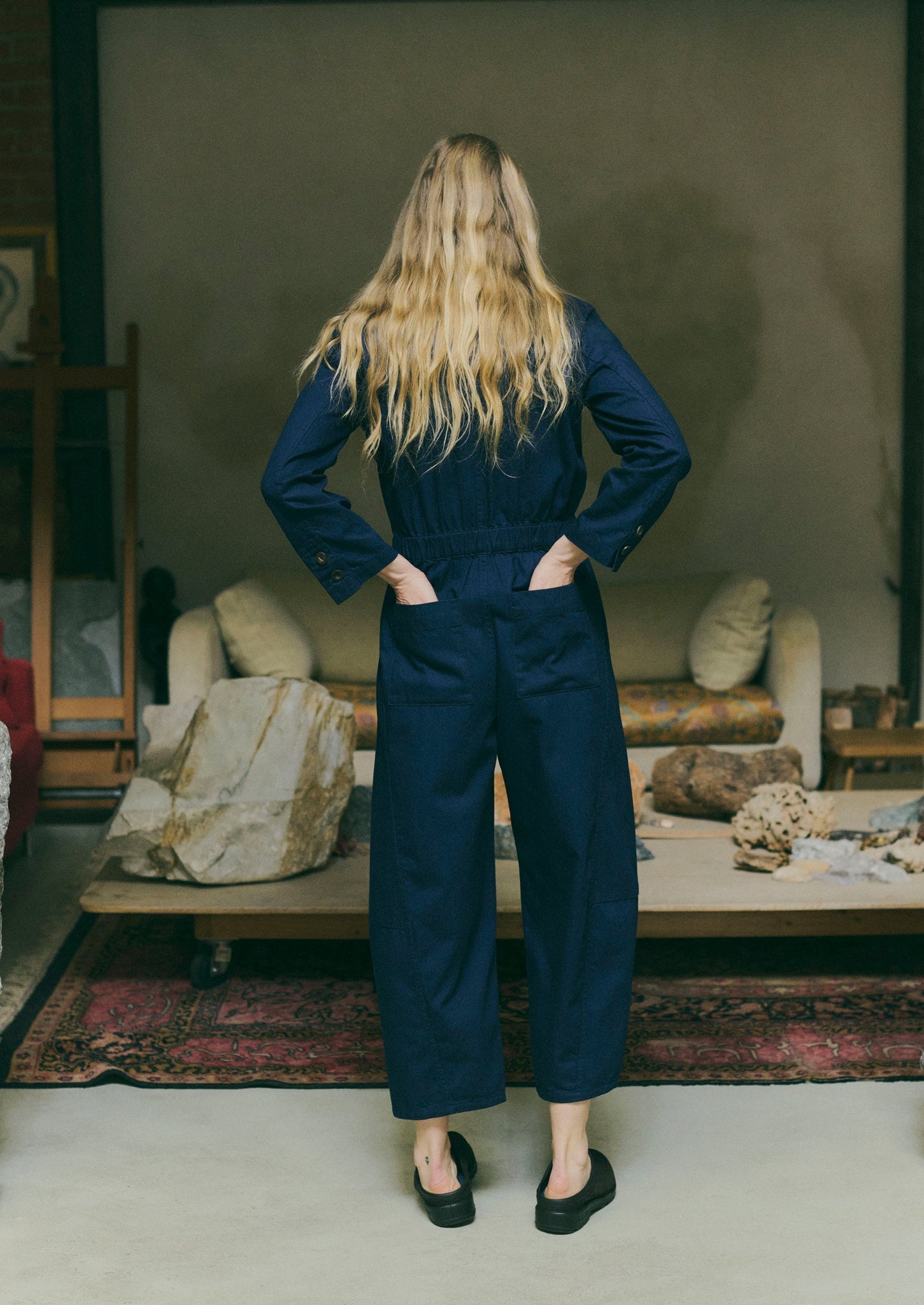 Half Placket Cotton Twill Jumpsuit | Indigo