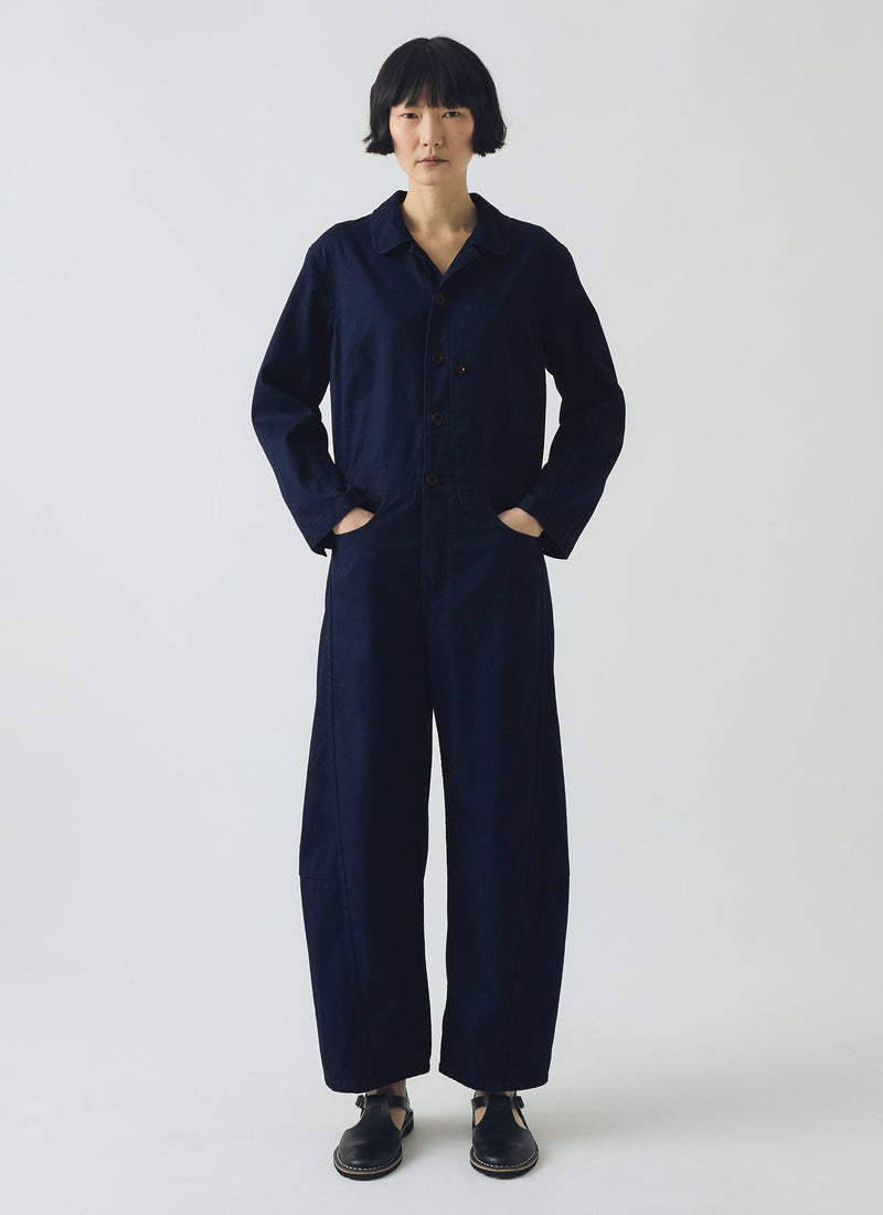 Half Placket Cotton Twill Jumpsuit | Indigo