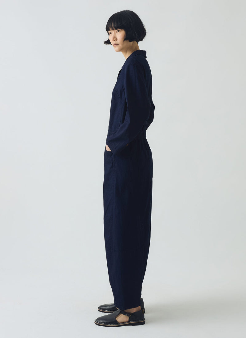 Half Placket Cotton Twill Jumpsuit | Indigo