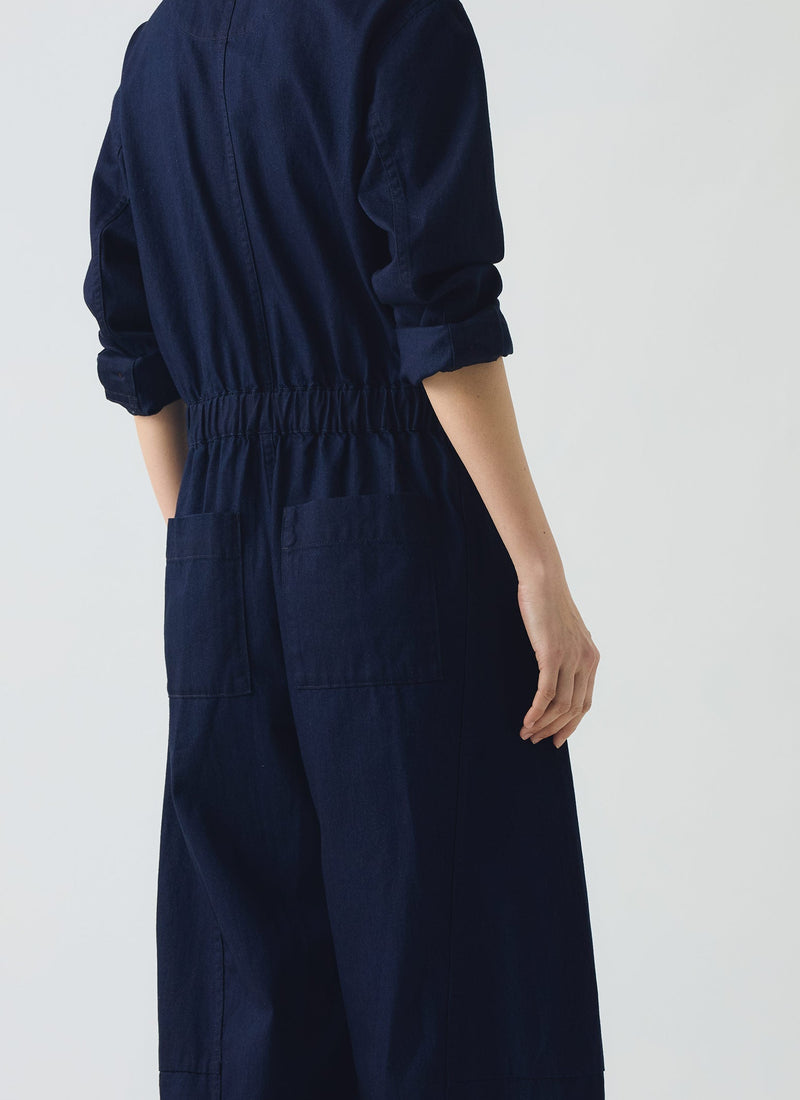 Half Placket Cotton Twill Jumpsuit | Indigo