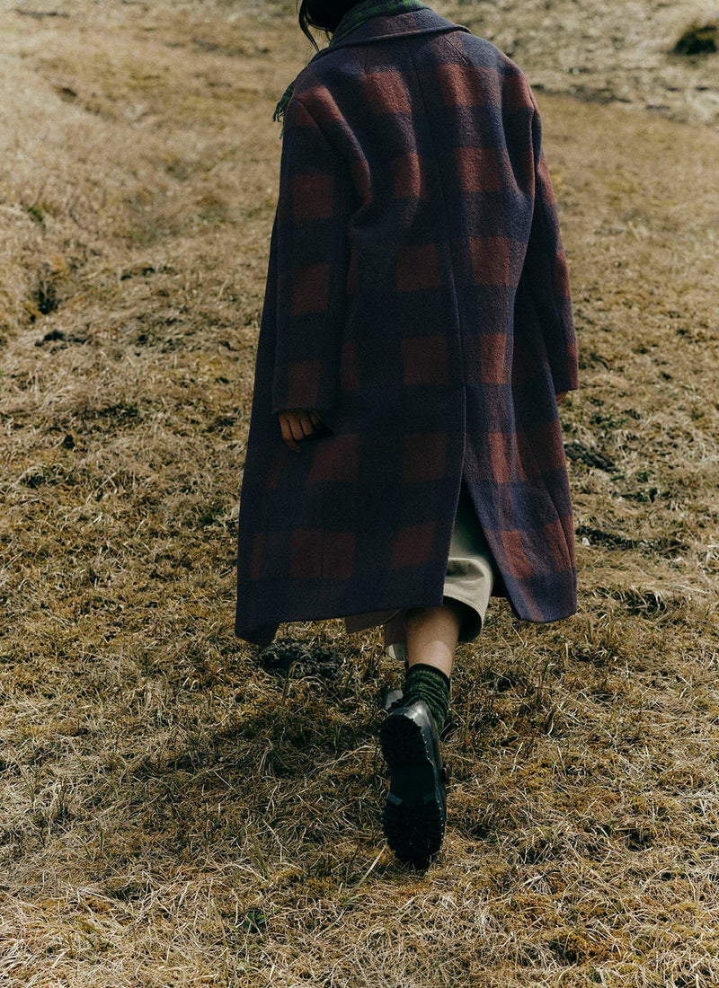 Boiled Wool Check Coat | Navy/Chestnut