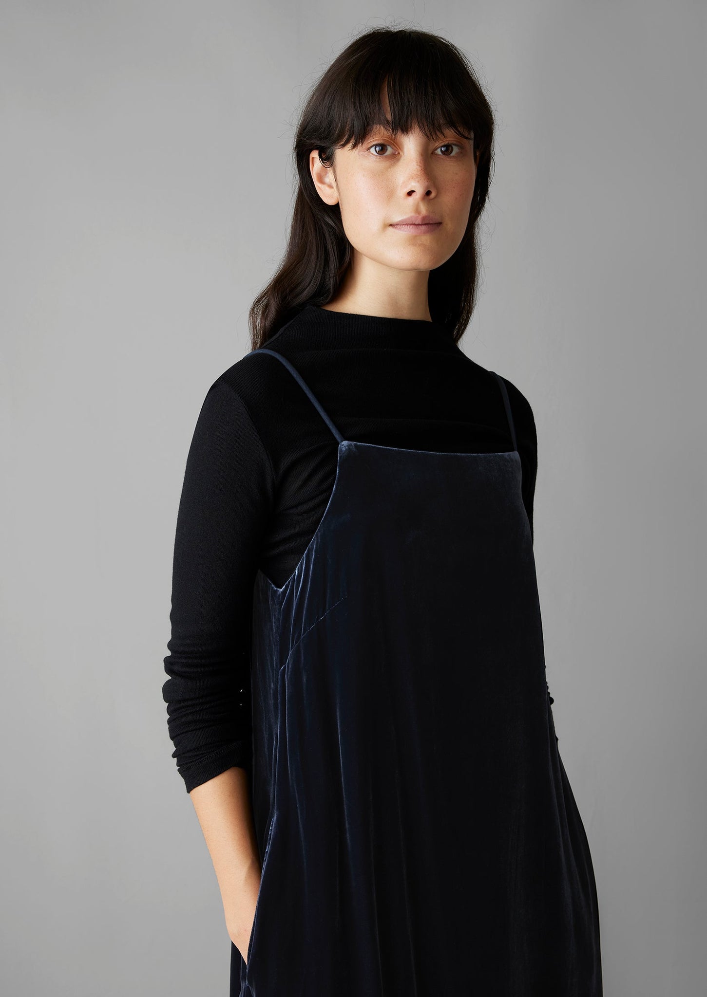 Square Neck Silk Velvet Dress | Obsidian