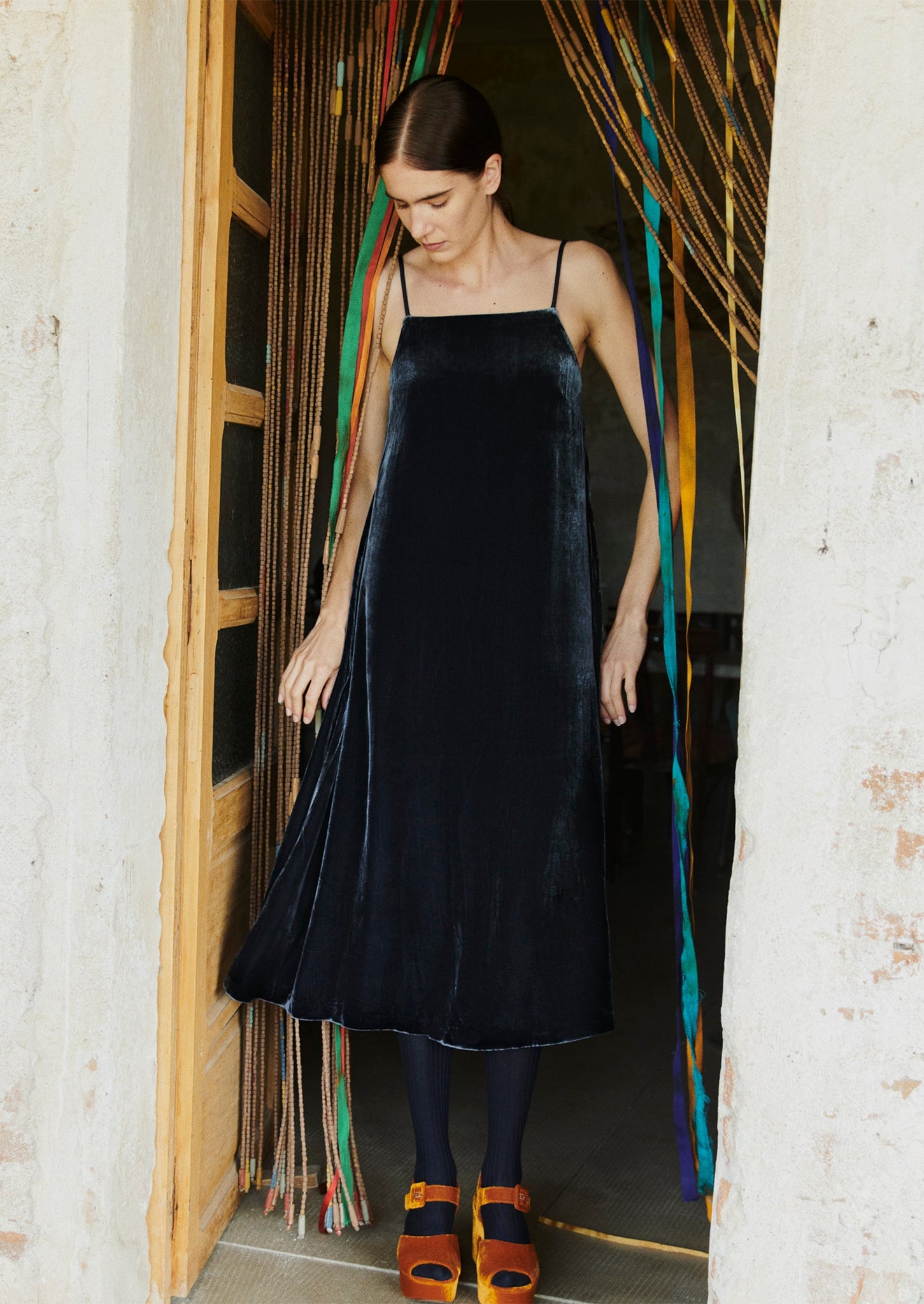 Square Neck Silk Velvet Dress | Obsidian