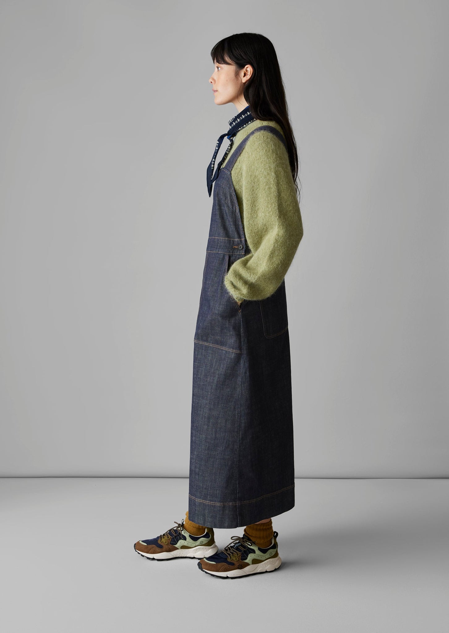 Side Button Denim Pinafore Dress | Indigo | TOAST