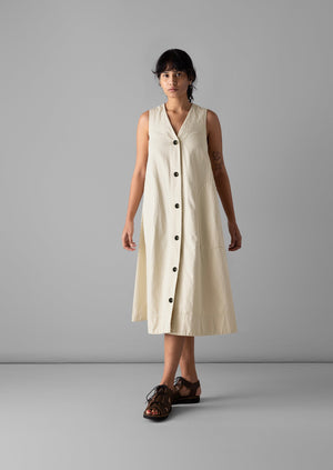 Buttoned Cotton Linen Canvas Dress | Wood Ash