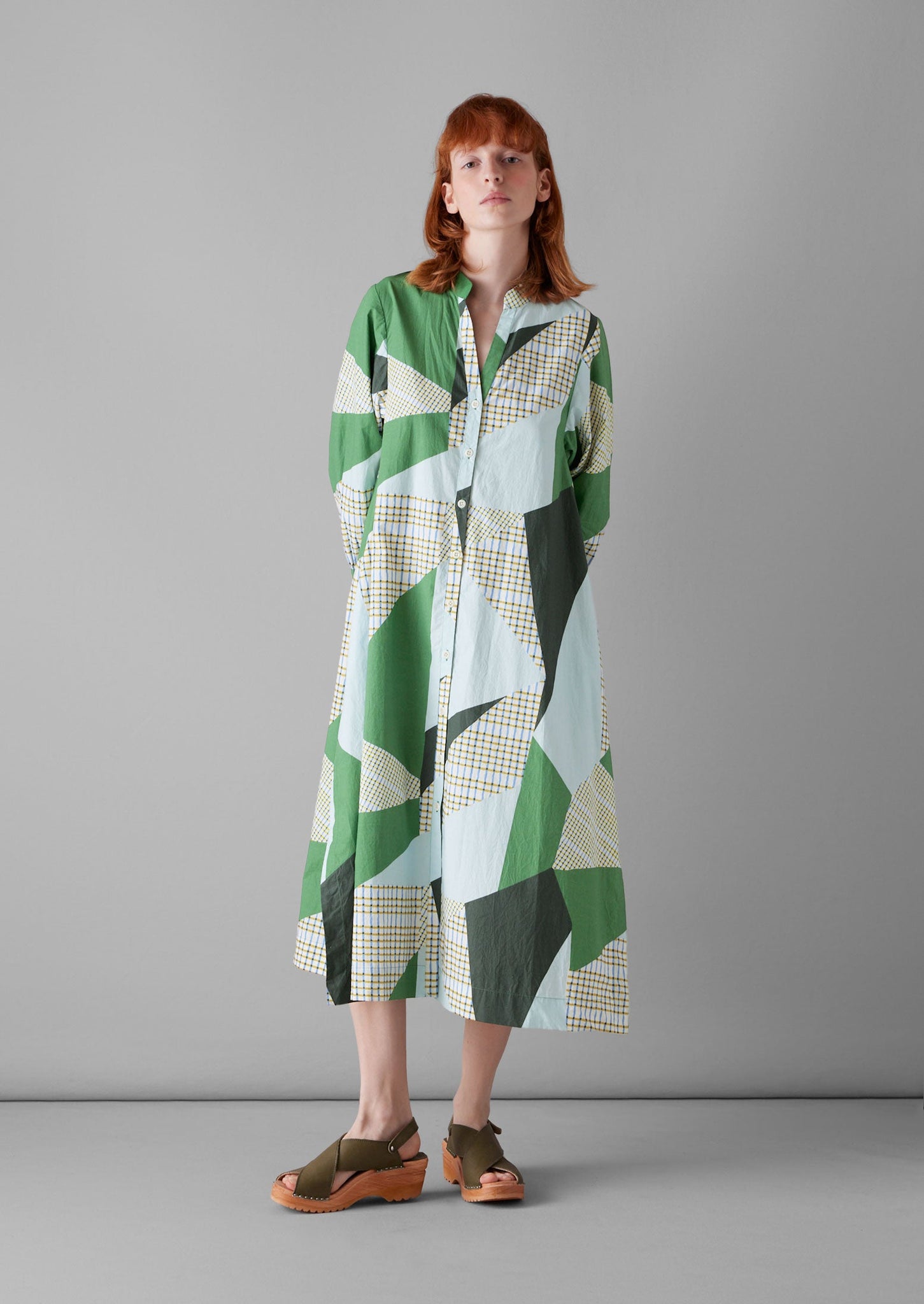 Patchwork Print Cotton Poplin Dress | Sage