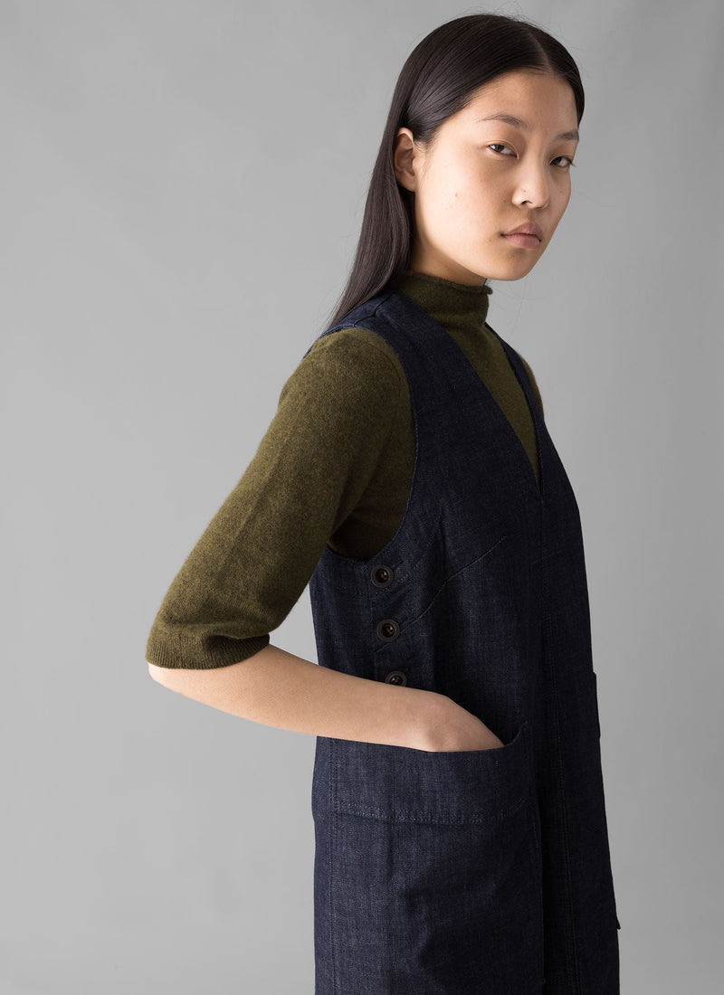 V-Neck Denim Pinafore Dress | Indigo
