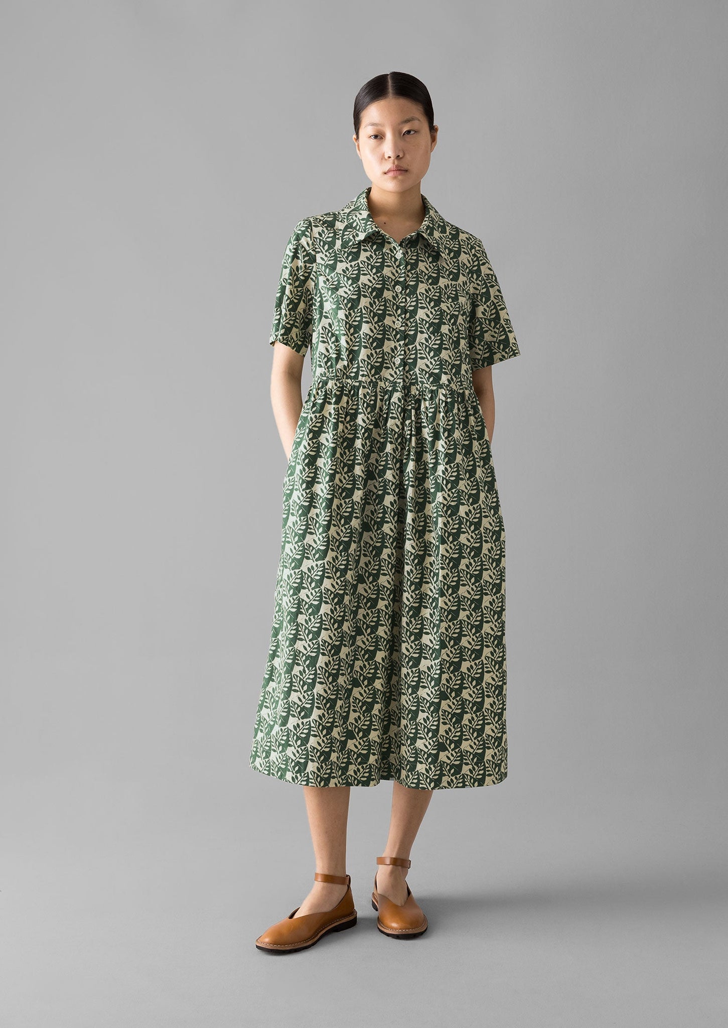 Selma Cotton Shirt Dress | Ecru/Serpentine Green