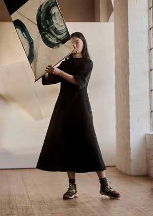 Cotton Linen Twill Smock Dress | Black