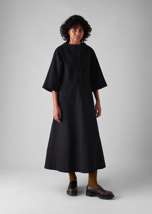 Cotton Linen Twill Smock Dress | Black