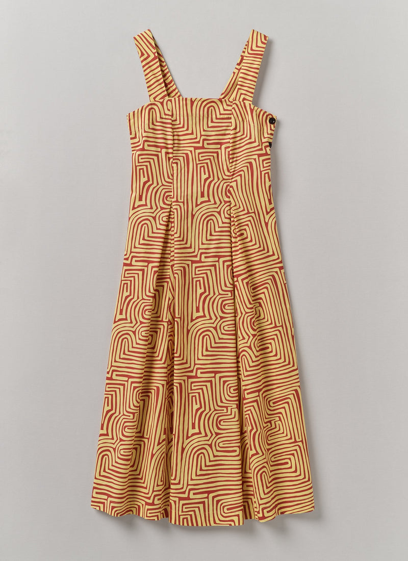 Maze Print Cotton Poplin Dress | Brick/Lemon Rind