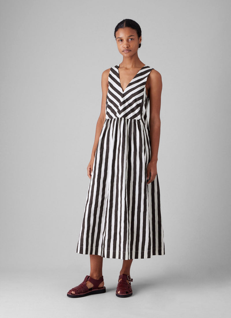 Wave Stripe Block Print Cotton Dress | Ecru/Chocolate