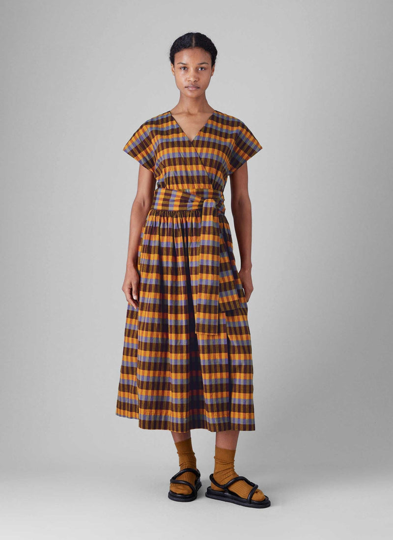 Check Cotton Linen Wrap Dress | Spice Multi