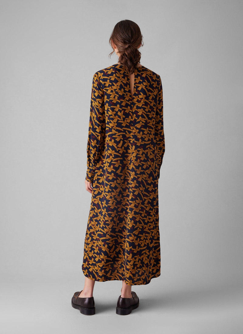 Washi Print Crepe Dress | Deep Blue/Marigold