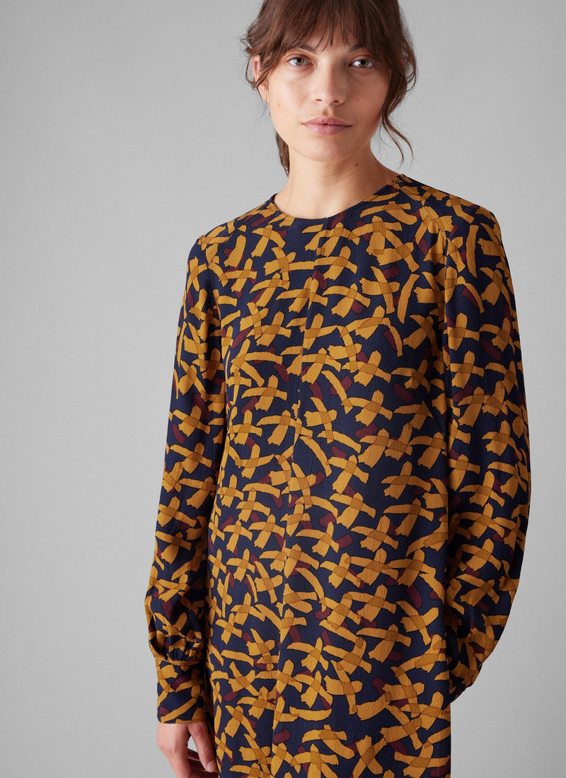 Washi Print Crepe Dress | Deep Blue/Marigold