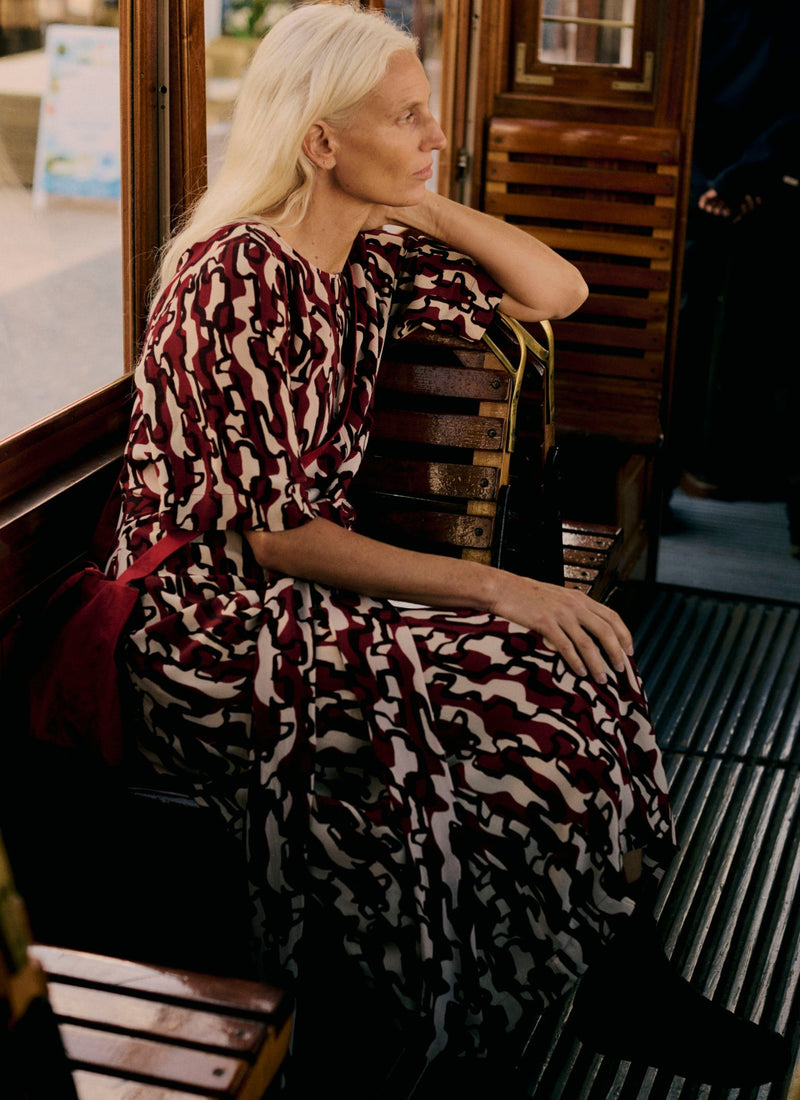 Ribbon Print Tie Dress | Ecru/Garnet