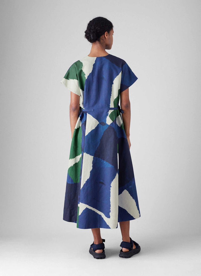 Washi Print Linen Cotton Dress | Ecru/Blue/Green