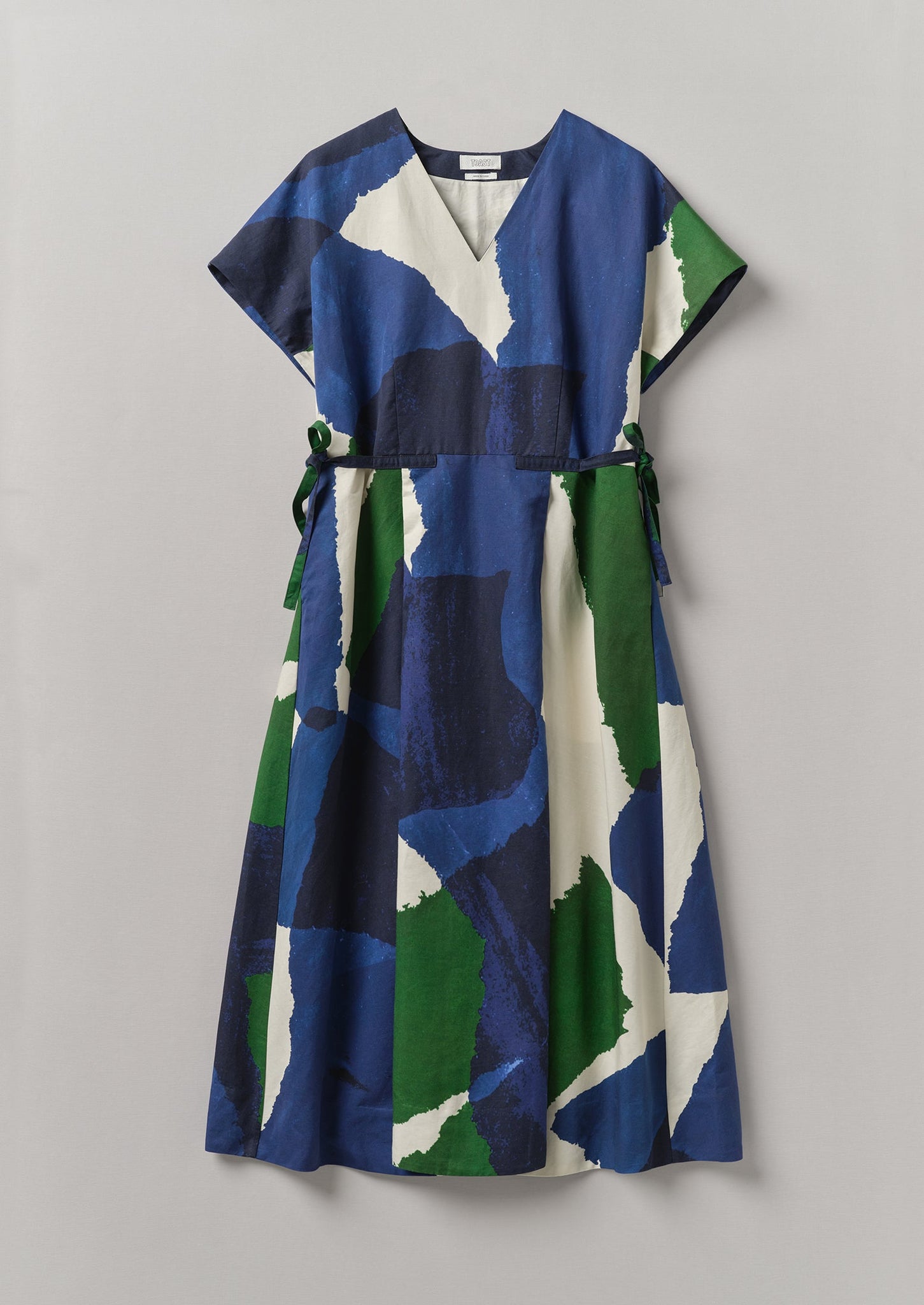 Washi Print Linen Cotton Dress | Ecru/Blue/Green