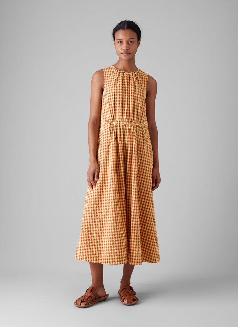 Seersucker Gingham Cotton Dress | Narcissus Yellow /Poppy orange
