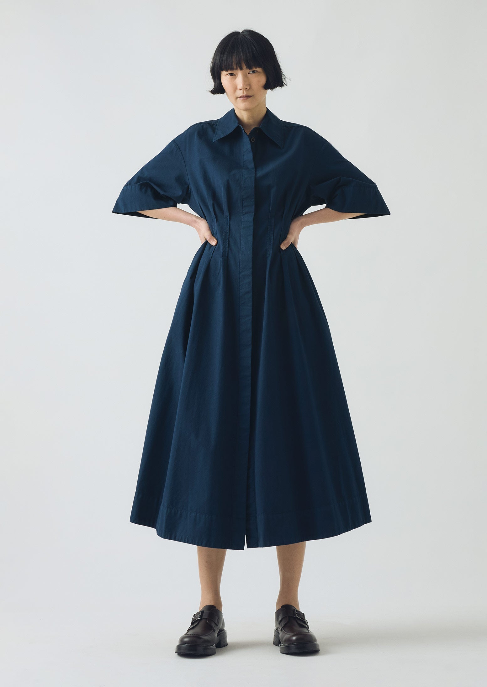 Pleated Cotton Linen Dress | Mid Blue | TOAST