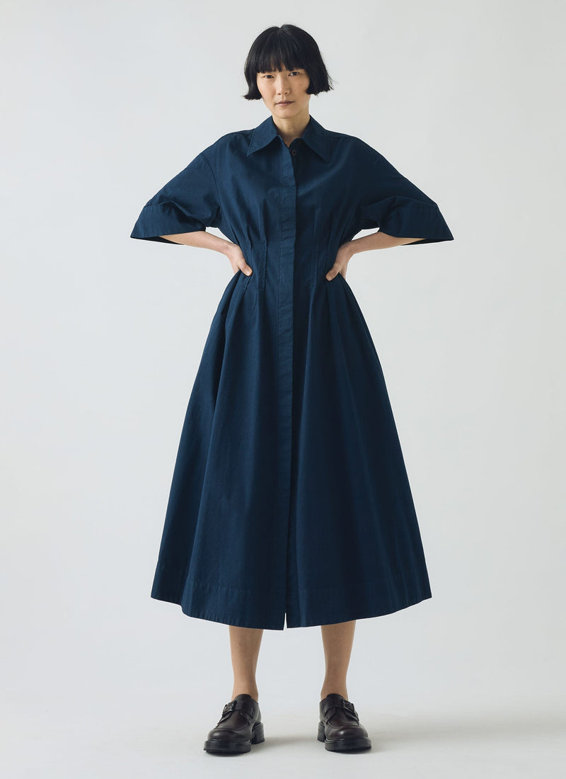 Pleated Cotton Linen Dress | Mid Blue