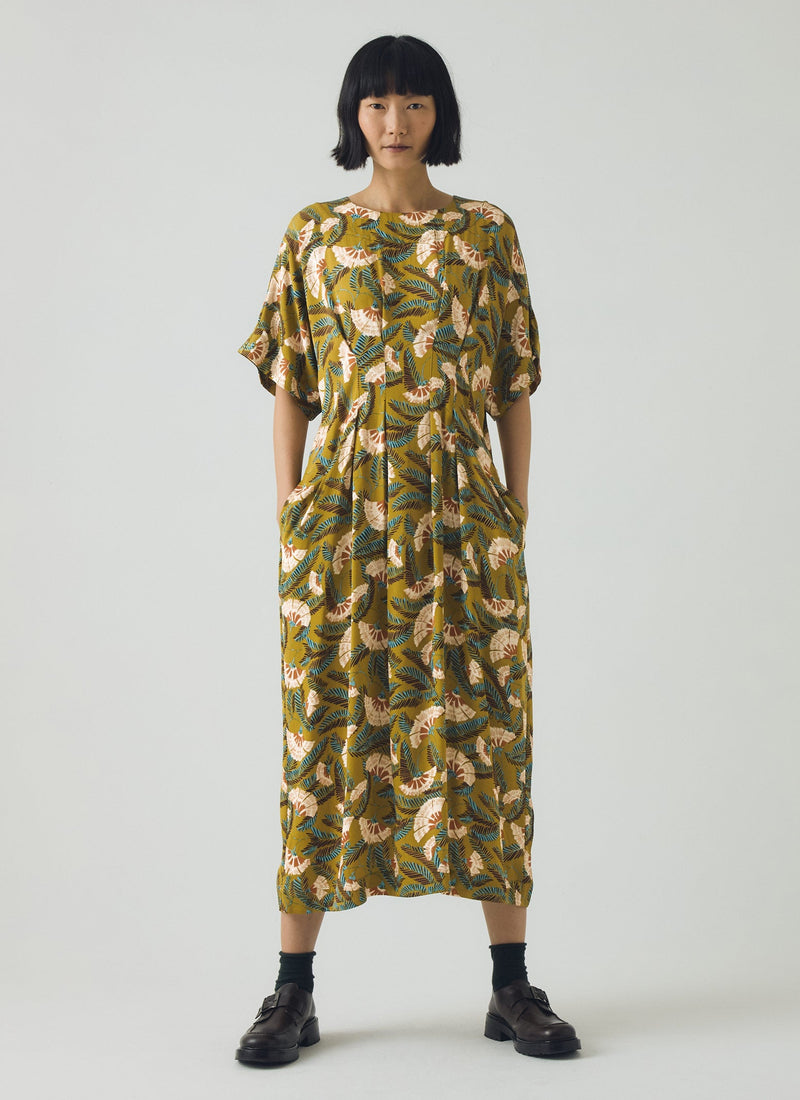 Dianthus Print Pleated Waist Dress | Golden Lime