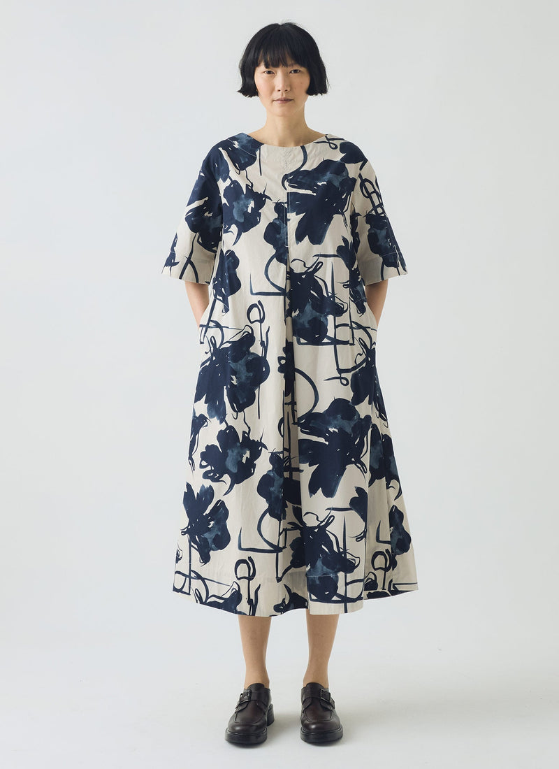 Pen And Ink Print Cotton Poplin Dress | Ink Blue