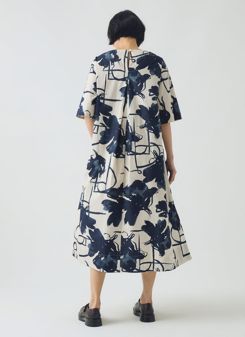 Pen And Ink Print Cotton Poplin Dress | Ink Blue