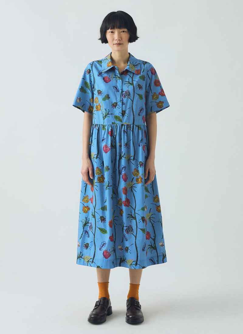 Archivist Floral Print Cotton Shirt Dress | Warm Blue