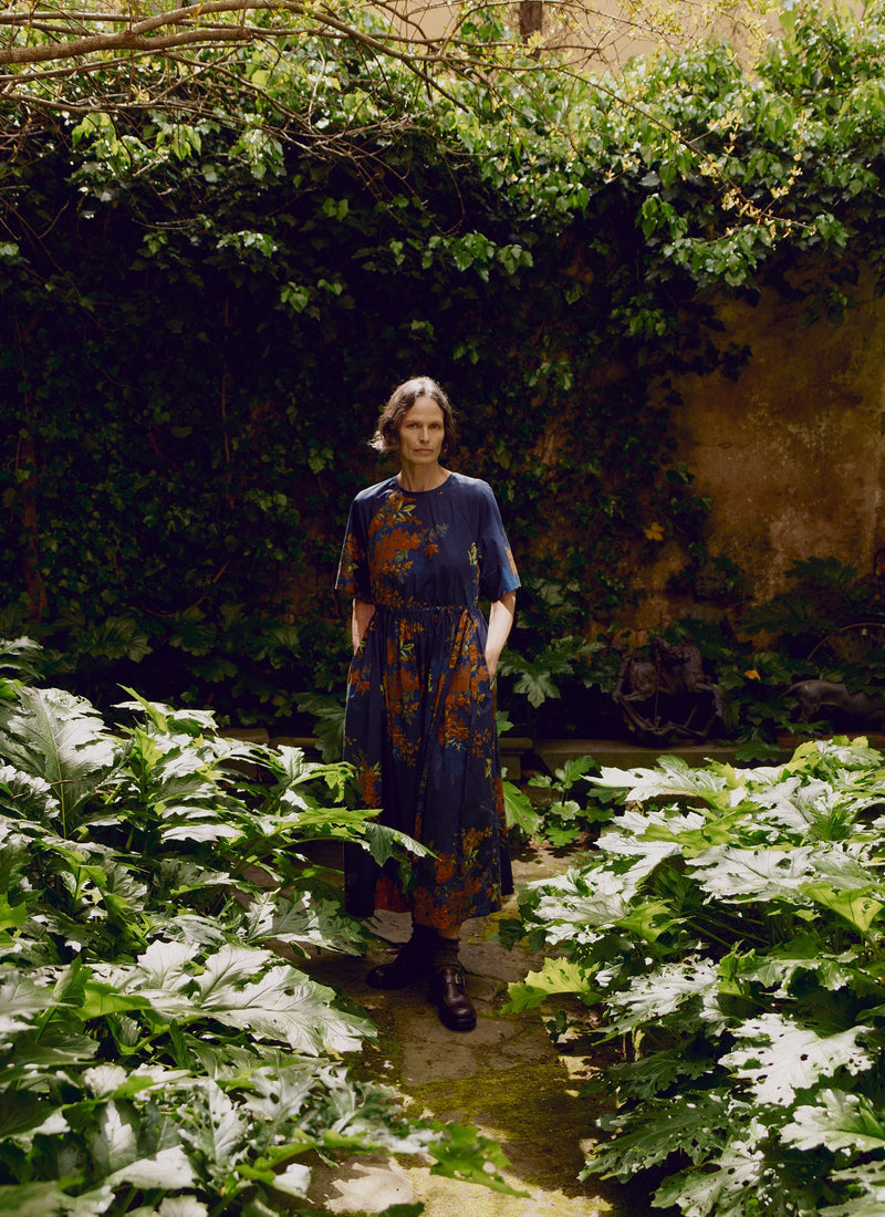 Botanical Shadow Print Cotton Dress | Shadow Blue