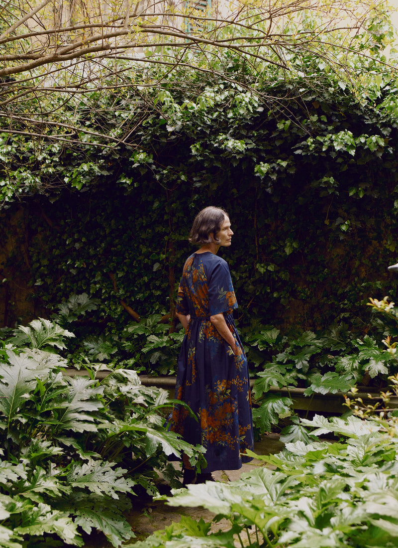 Botanical Shadow Print Cotton Dress | Shadow Blue