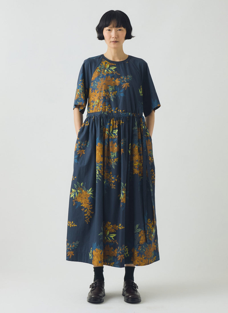 Botanical Shadow Print Cotton Dress | Shadow Blue