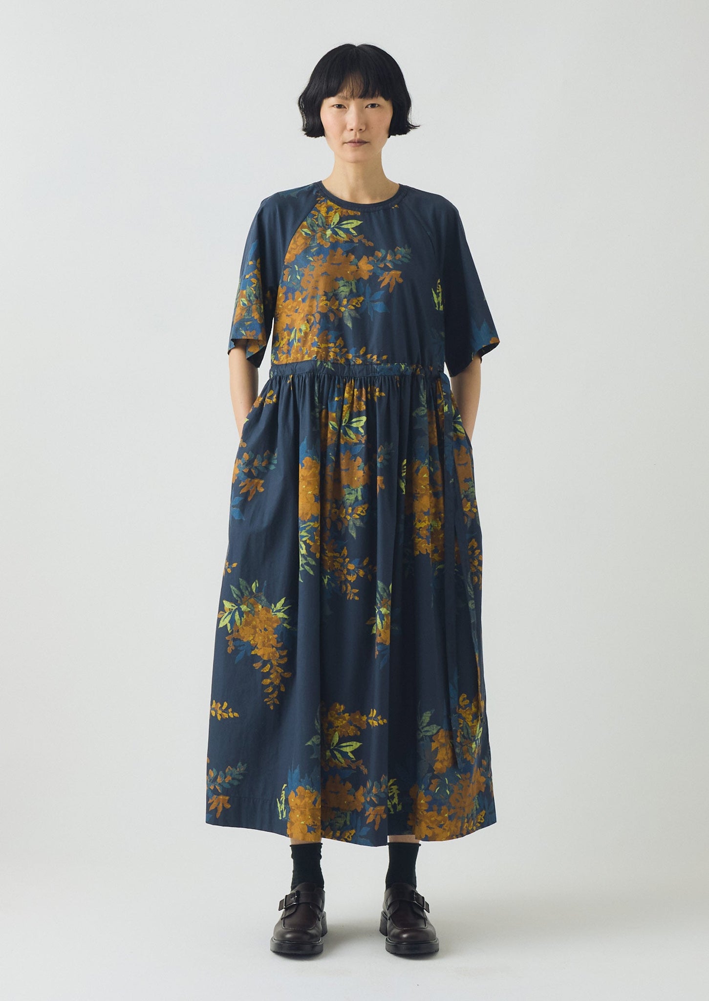 Botanical Shadow Print Cotton Dress | Shadow Blue