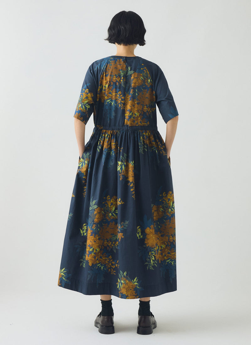 Botanical Shadow Print Cotton Dress | Shadow Blue
